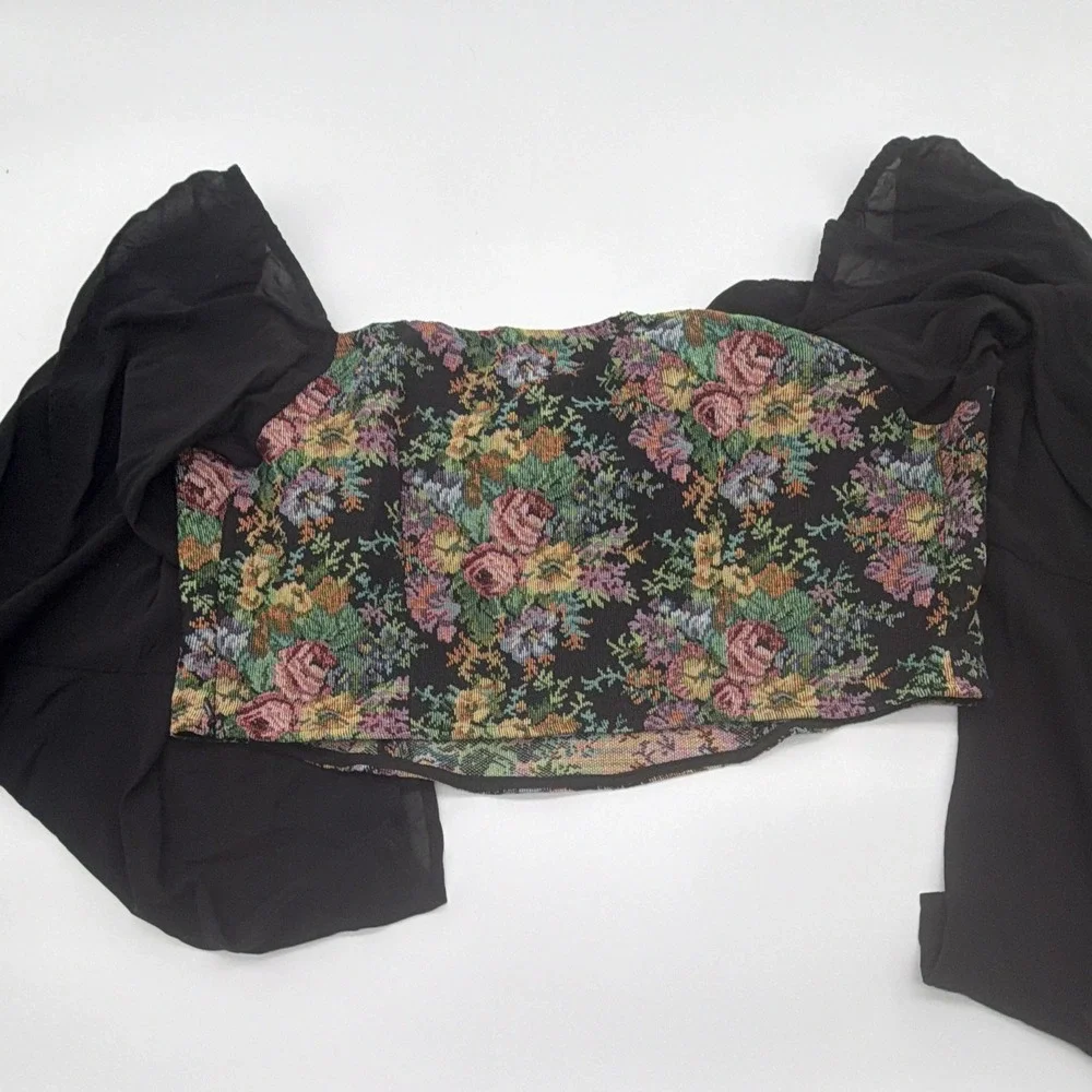 Dark Floral Tapestry Black Floral Chiffon Cropped Renfest Whimsygoth Boho Sexy